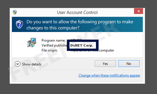 Screenshot where DsNET Corp. appears as the verified publisher in the UAC dialog
